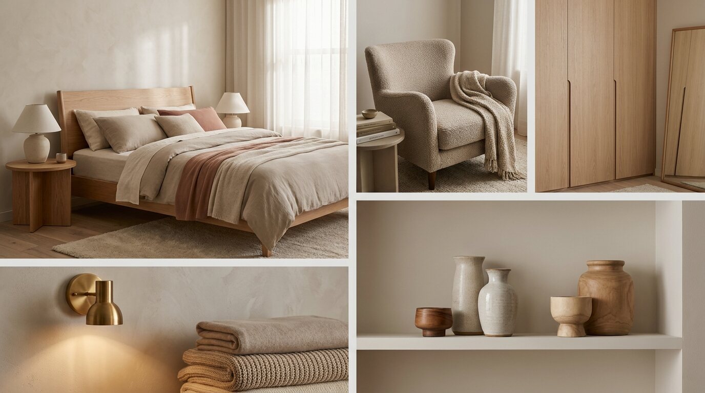 Bedroom Linen Direction - A warm neutral bedroom scheme shown through its bedding, an armchair, and a shelf of pale ceramics.