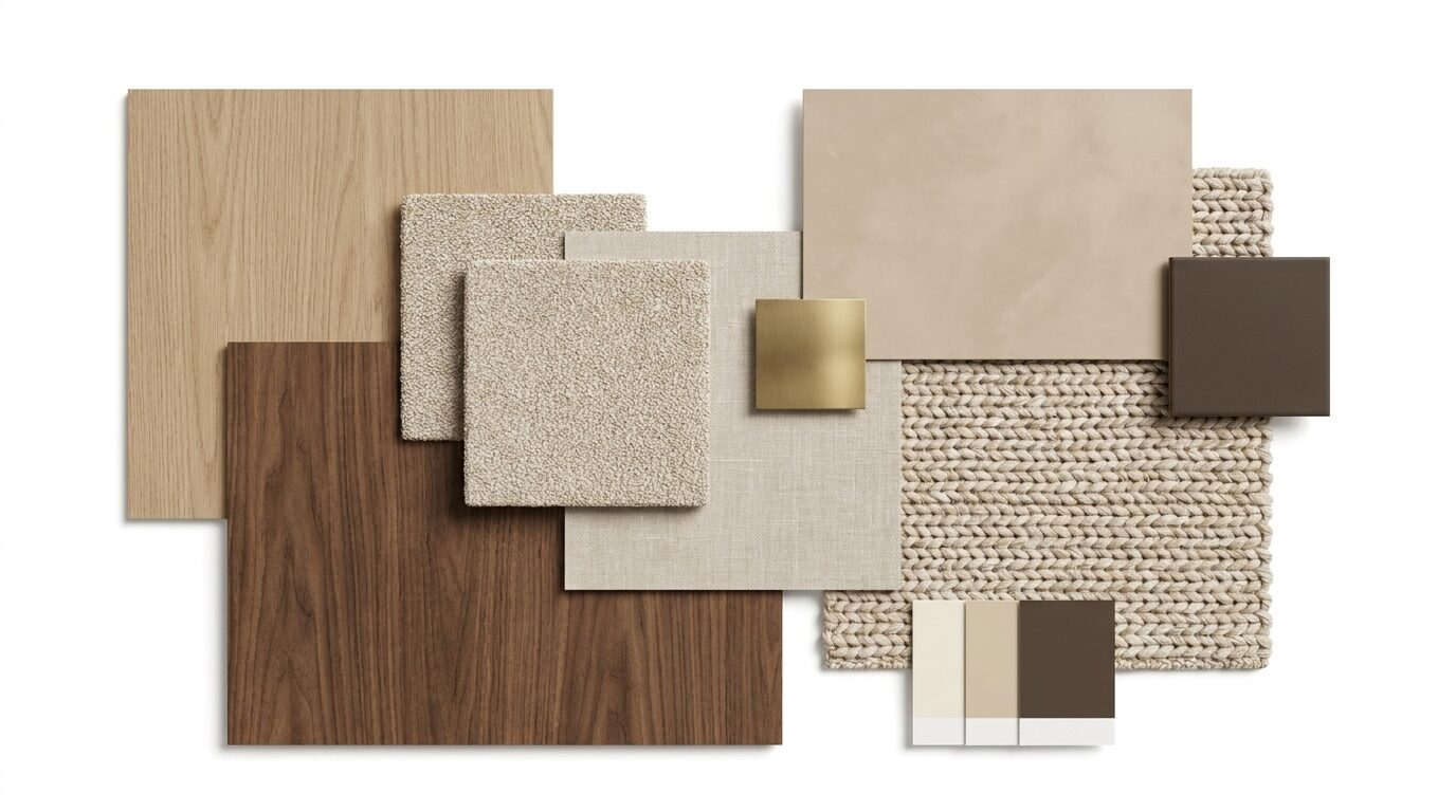 Material Narrative - Timber, stone, and textile samples drawn together into a single material story.
