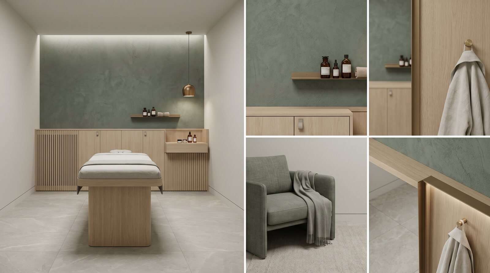 Treatment Room Direction - A calm sage and oak treatment room, with the robe hook, shelf, and seating details resolved alongside it.