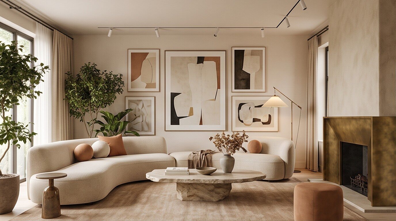 Gallery Wall Living Room - A bright living room with a curved sofa, framed art wall, and a stone fireplace surround.