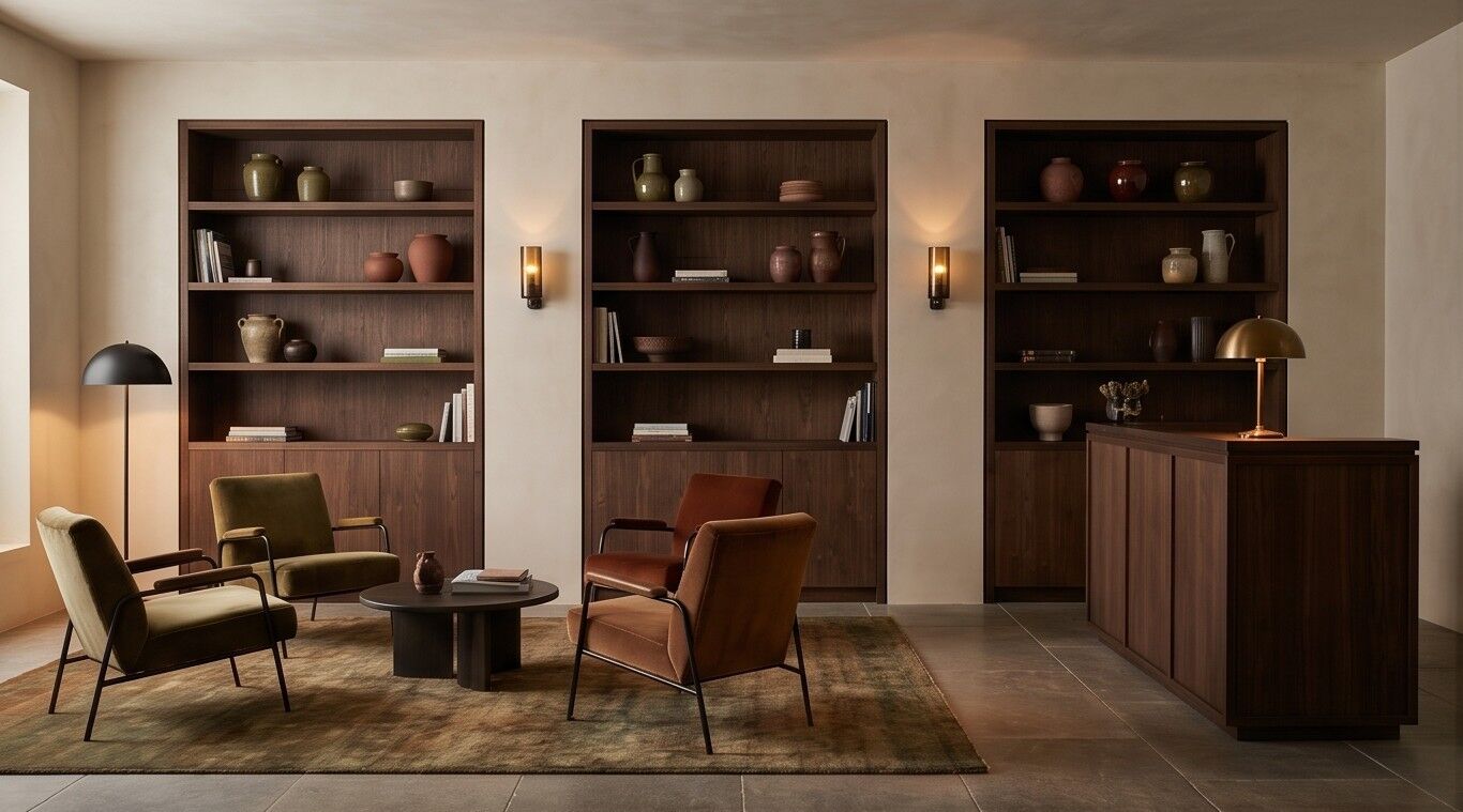 Reading Room - A dark timber reading room lit by wall lamps and shelf lighting.