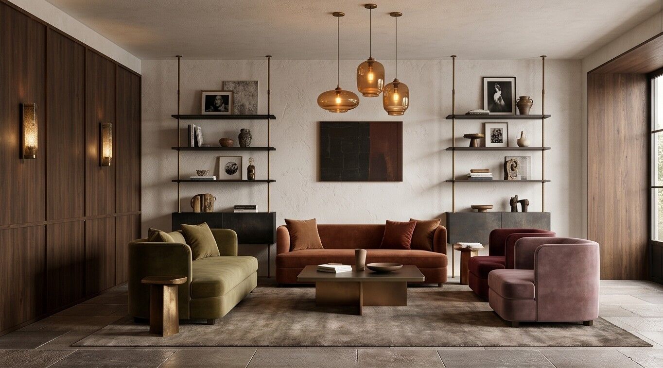 Social Lounge - A social lounge in deep reds and olive, lit by clustered glass pendants.