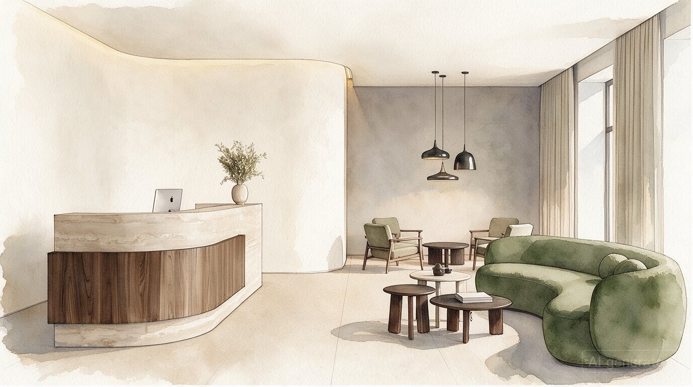 Travertine Reception - A curved travertine reception desk under a sweeping plaster ceiling, with green bouclé seating.