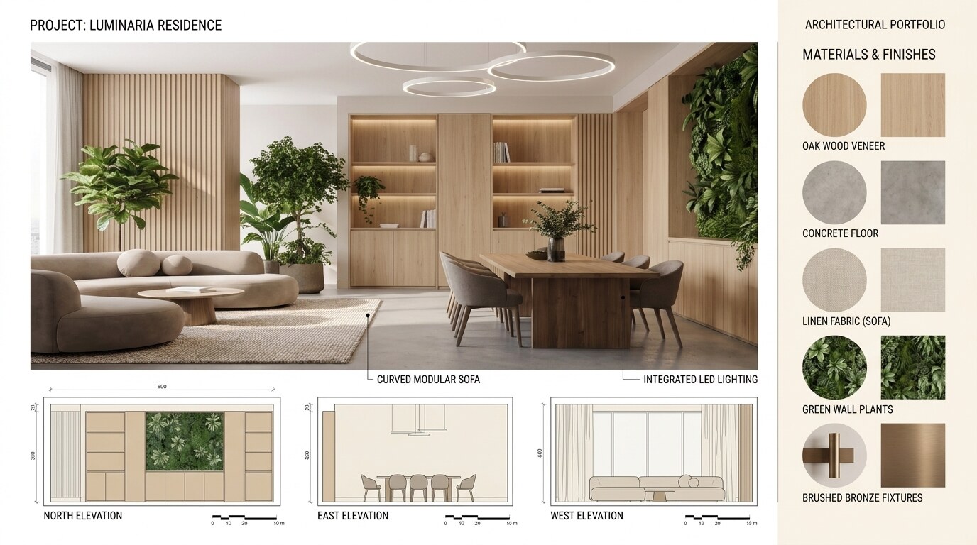 Scheme Sheet - Render, elevations, and finishes brought together on one sheet to present the direction.